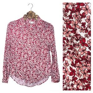 Cooper and Ella Top Floral Red Pink Collared Button Up Long Sleeve Scoop Hem M